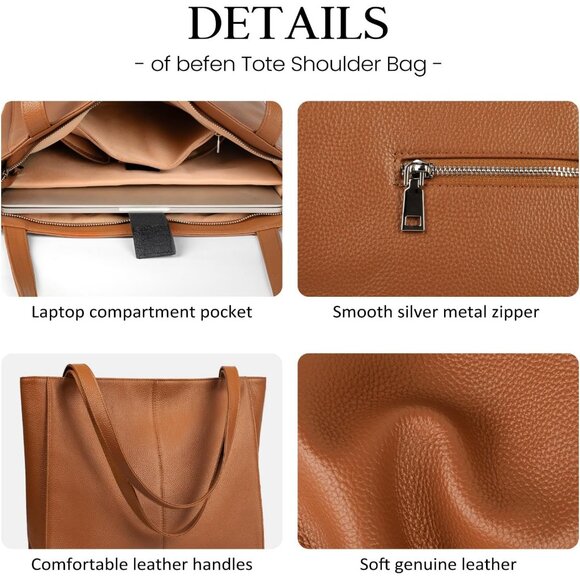 🆕Women Cognac Brown Genuine Leather Work Shoulder Laptop Compartment Handbag - Picture 8 of 10